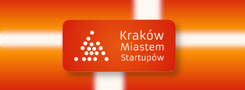 Kraków Miastem Startupów logo z białymi punktami na czerwonym tle i biało-pomarańczowym gradientem