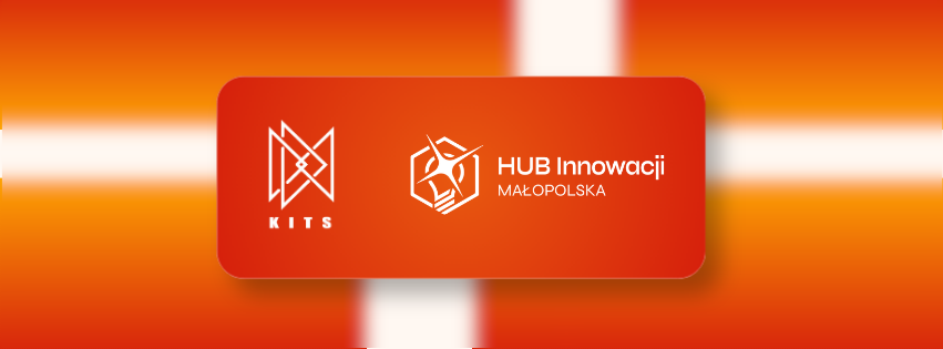 Logo KITS i HUB Innowacji Małopolska na czerwonym tle z białymi pasami