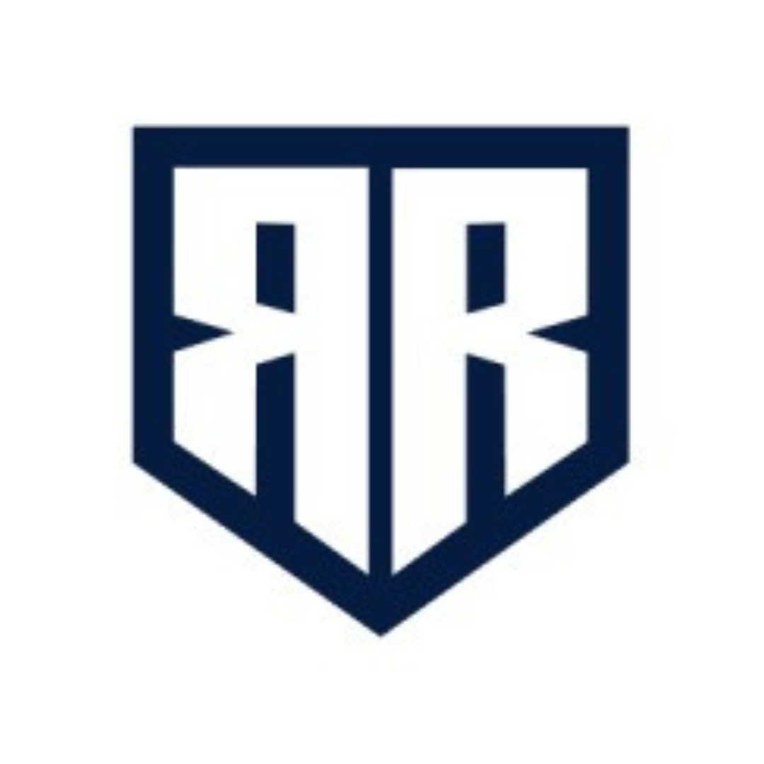 Logo RB - niebieski щyt z dwiema literami R w białym polu, nowoczesny design
