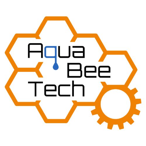 Logo Aqua Bee Tech - pomarańczowe plastry miodu z tekstem i ikoną koła zębatego