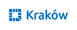 Kraków - logotyp miasta z niebieskim symbolem i nazwą