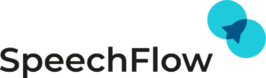 SpeechFlow logo z turkusowym kołem i ciemnoniebieskim symbolem strzałki