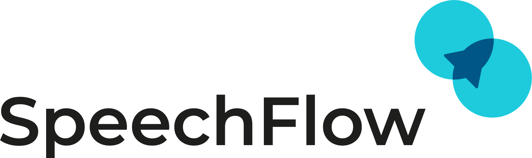SpeechFlow logo z turkusowym kołem i ciemnoniebieskim symbolem strzałki