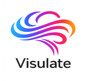 Visulate - logo z abstrakcyjnymi falami w gradiencie od niebieskiego przez magentę do pomarańczowego