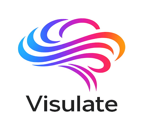 Visulate - logo z abstrakcyjnymi falami w gradiencie od niebieskiego przez magentę do pomarańczowego