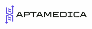 Aptamedica logo - platforma medyczna z fioletową ikoną DNA i czarnym tekstem