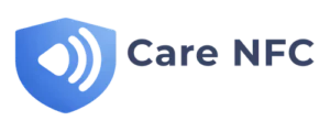 Care NFC logo - niebieska tarcza z symbolem fali radiowej i tekstem Care NFC