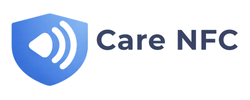 Care NFC logo - niebieska tarcza z symbolem fali radiowej i tekstem Care NFC