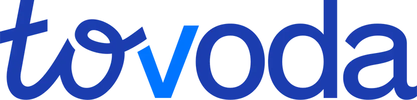 Tuvoda - logo marki z niebieskim napisem na białym tle