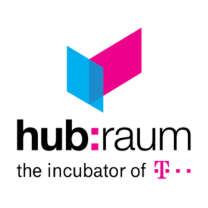 hubraum - inkubator Deutsche Telekom, logo z niebieskim i różowym symbolem graficznym