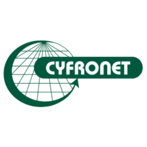 Logo Cyfronet - globalna sieć komputerowa z zieloną kulą ziemską i strzałką