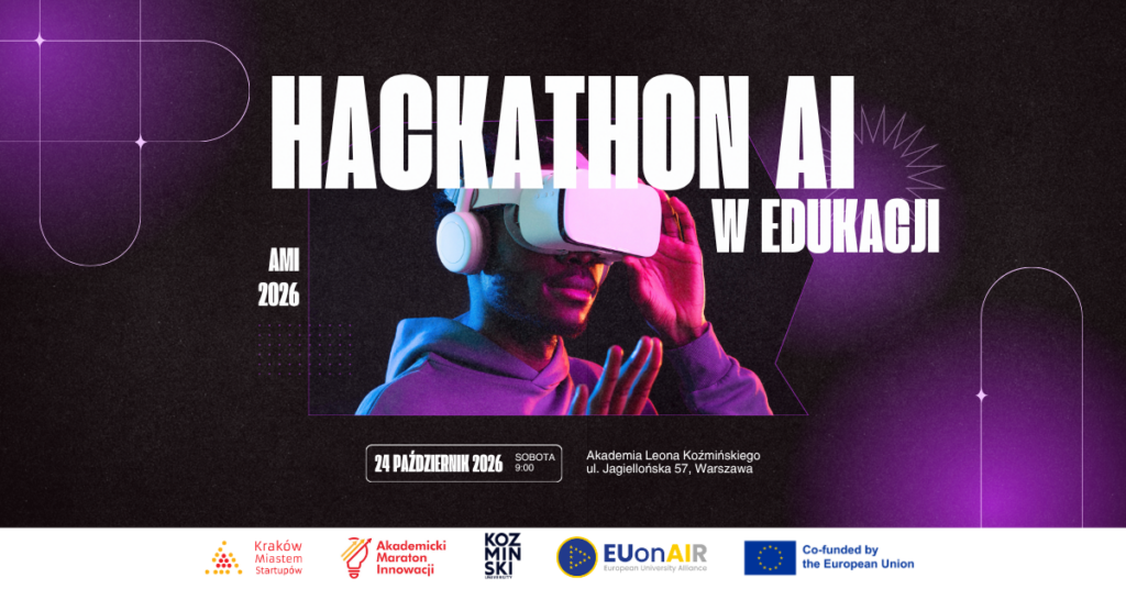 Hackathon AI w Edukacji 2026 - osoba w VR headset, fioletowe neonowe tło, Akademia Leona Koźmińskiego