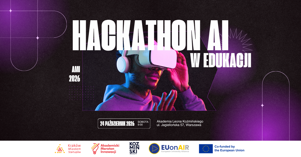 Hackathon AI w Edukacji 2026 - osoba w VR headset, fioletowe neonowe tło, Akademia Leona Koźmińskiego