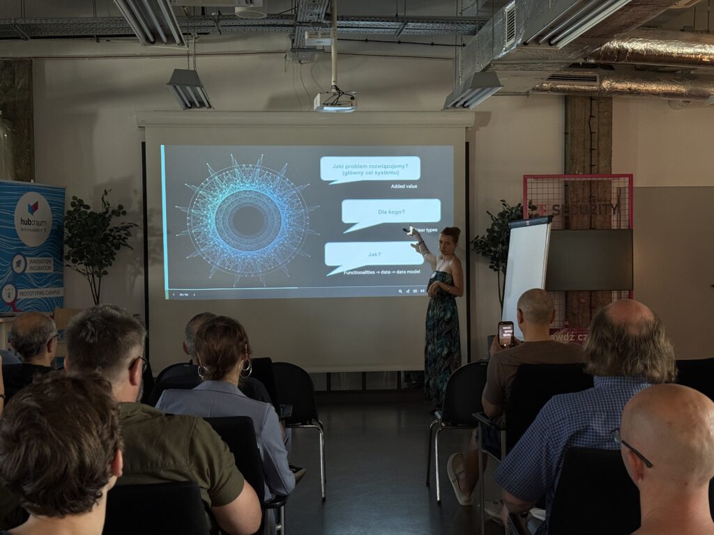 Kobieta prezentuje diagram systemu na projektora przed zespołem słuchaczy w sali konferencyjnej