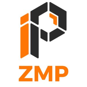 ZMP ZMP - logo firmy zajmującej się technologią i rozwiązaniami biznesowymi z pomarańczowymi i czarnymi elementami geometrycznymi