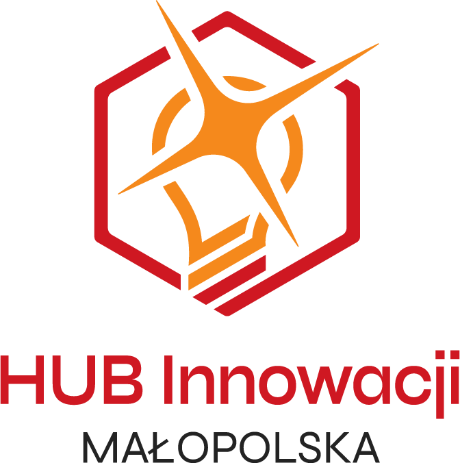 HUB Innowacji Małopolska - logo z czerwonym sześciokątem i pomarańczową postacią