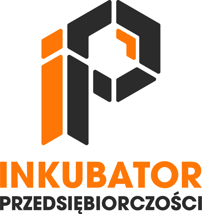 logo pion Inkubator Przedsiębiorczości - logo z heksagonem pomarańczowym i czarnym