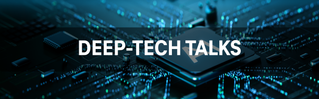 Prezentacja Deep-Tech Talks 18.05 (1920 x 600 px) Mikrochip i obwód elektroniczny z tekstem Deep-Tech Talks na niebieskim tle technologicznym